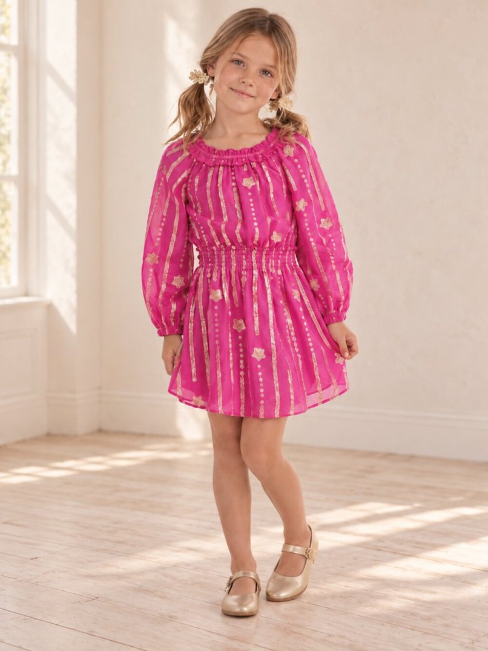 LOVESHACKFANCY Girl’s Mini Popover Dress Very Berry Metallic Gold Coquette